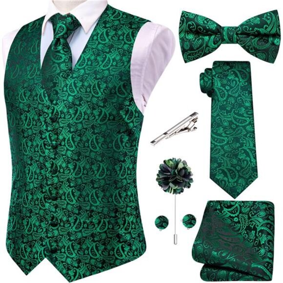 Men's Silk Vest Bowtie Set Formal Suit Vest Jacquard Tie Handkerchief